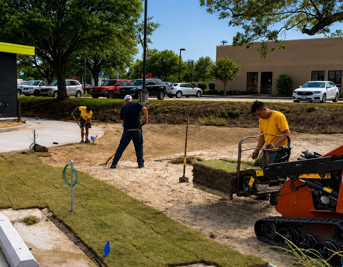 Commercial landscaping projects featuring Grounds Pros team and lawn care for a retail property