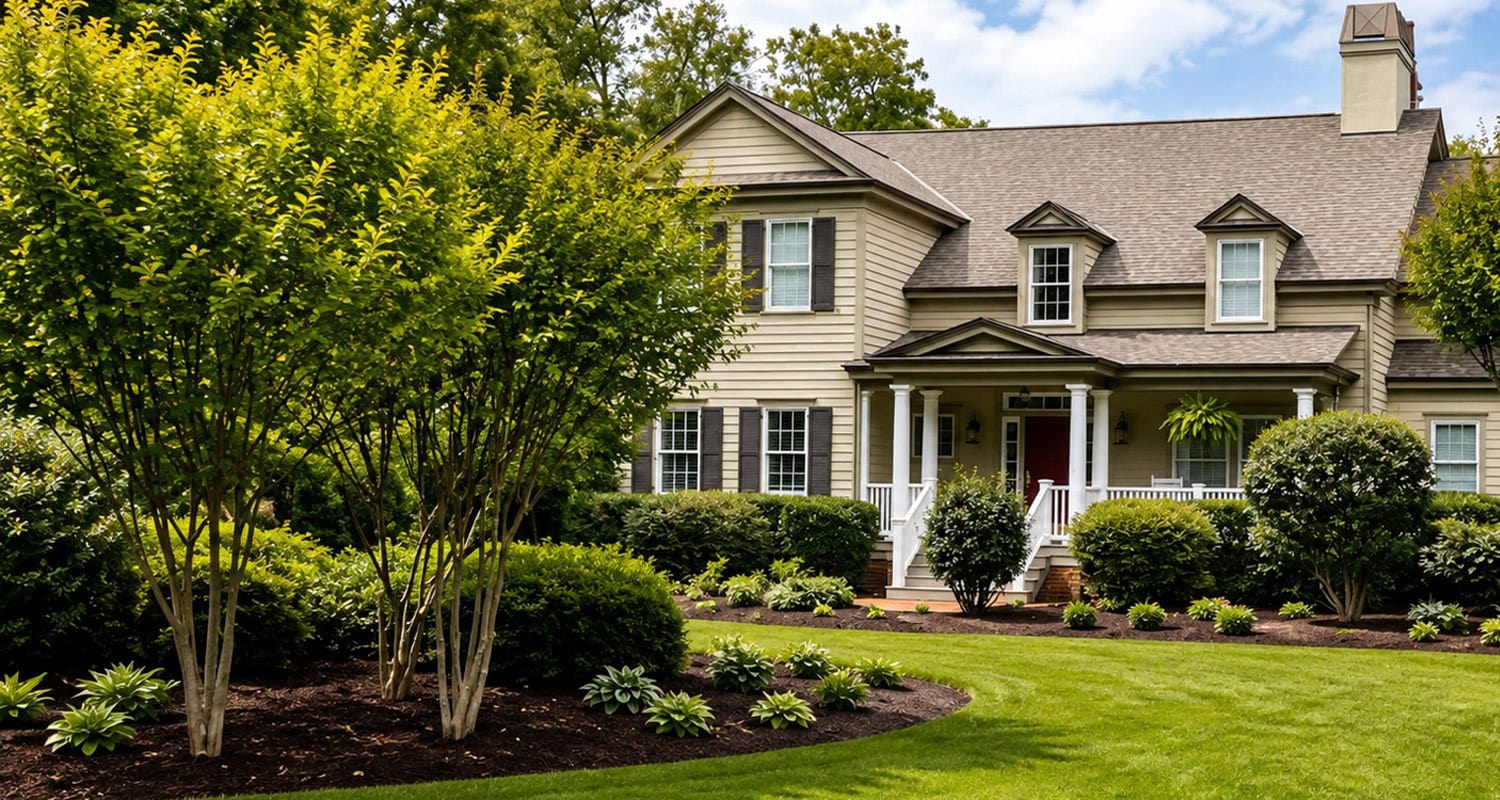 Residential landscaping projects with a manicured lawn, trees and landscaped planting beds