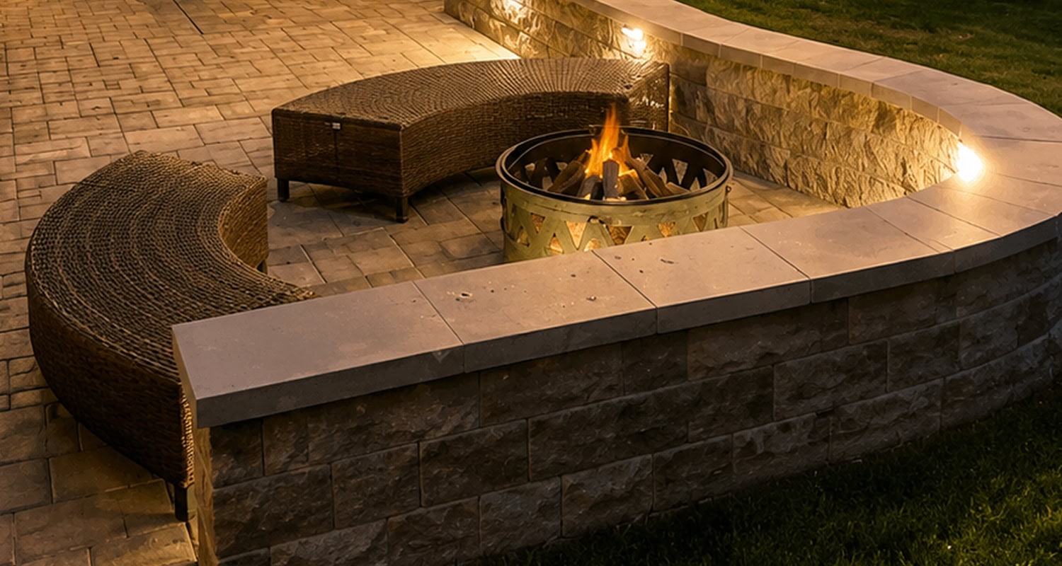 Custom outdoor fireplace and residential hardscape living area